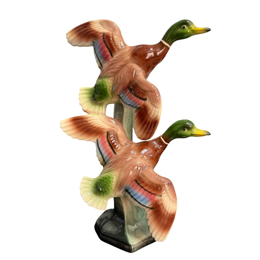Vintage Ceramic Mallard Ducks Flying Figurine 11" Hand Painted Wildlife Decor